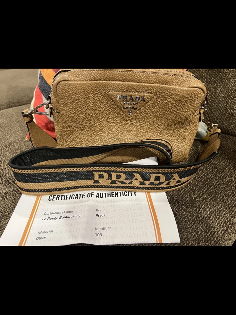 Prada Beige Pebbled Leather Messenger with Branded Webbing Strap